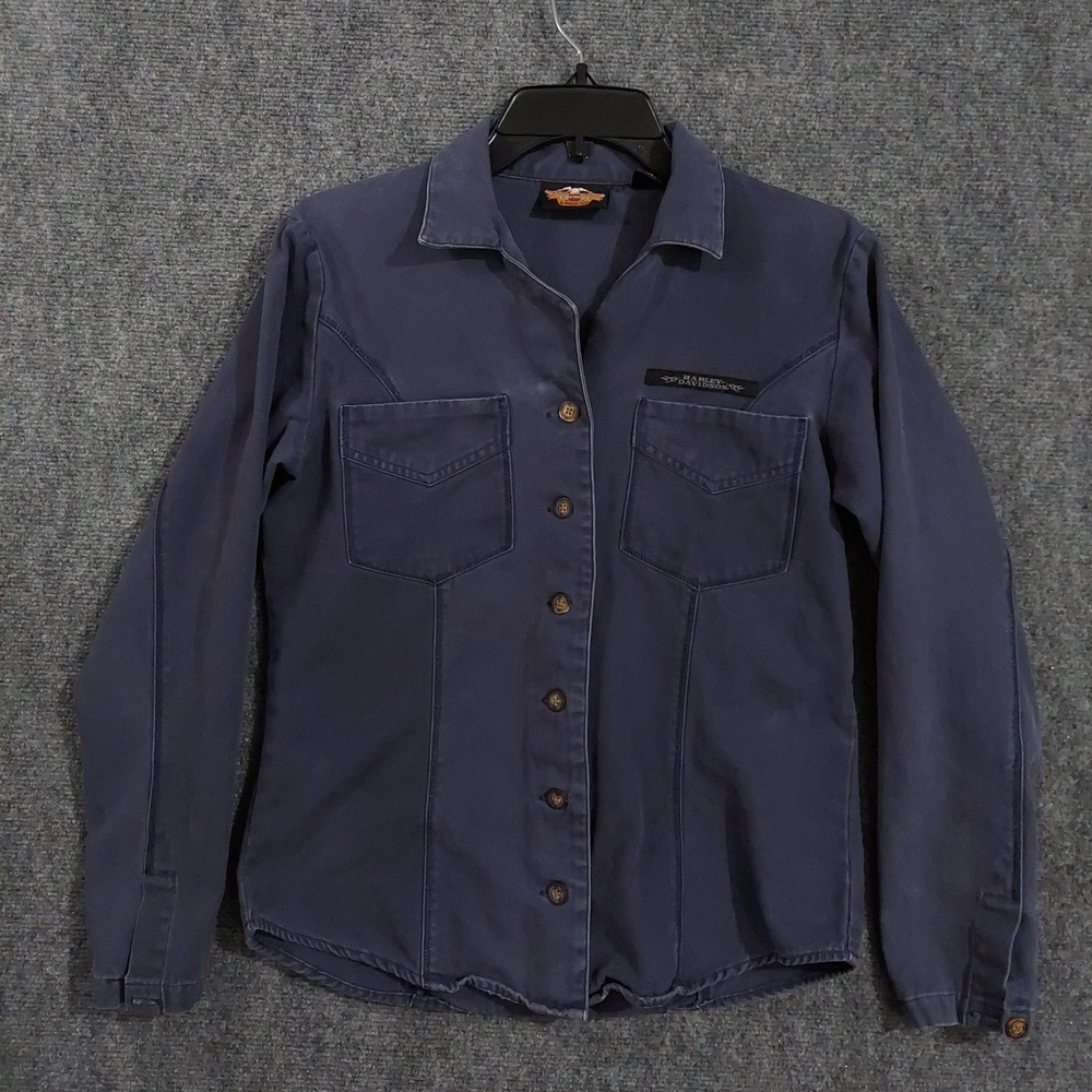 Vintage Harley-Davidson Shirt Womens Medium Blue Button Front Canvas Motorcycle‎